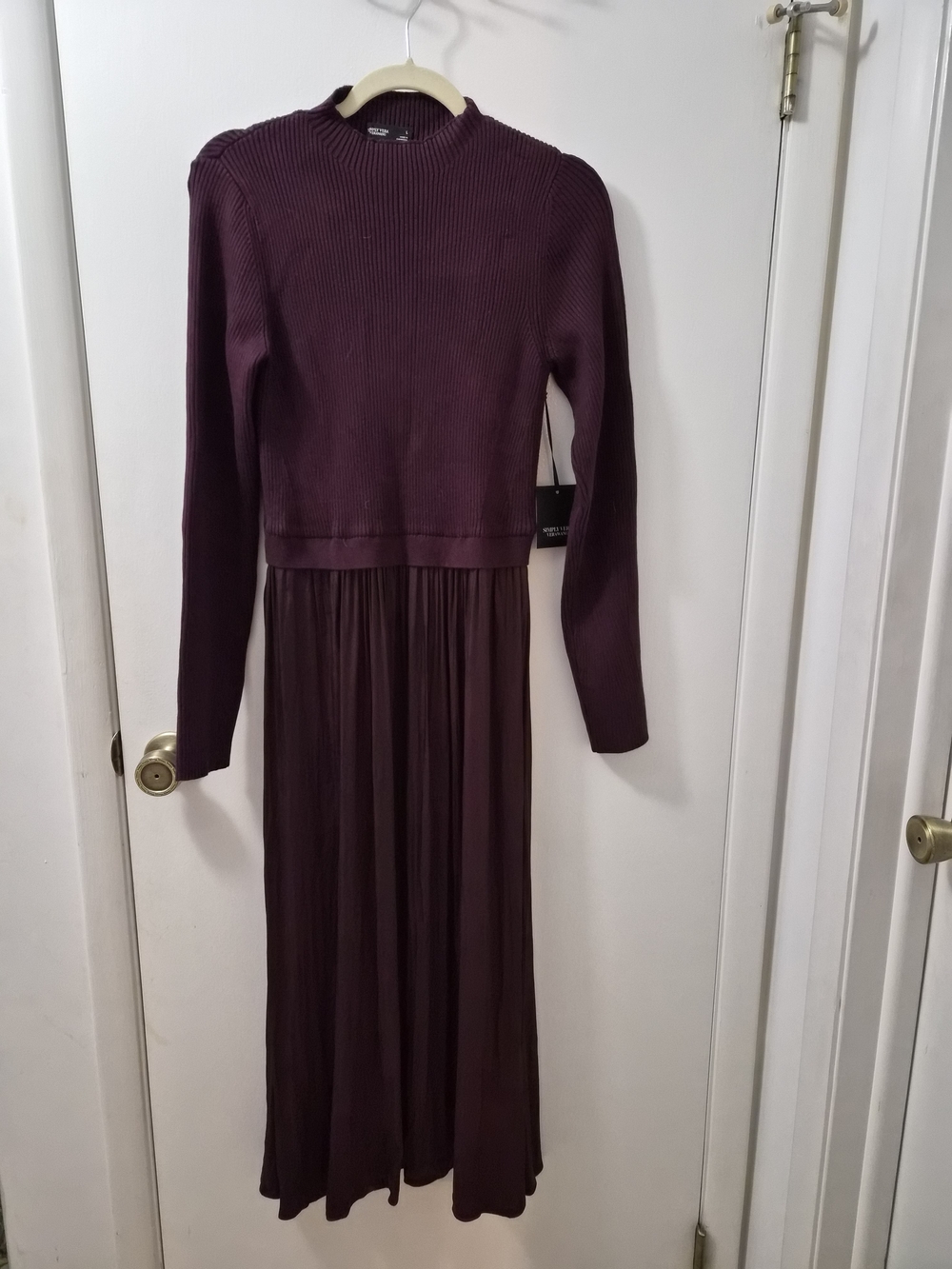 Simply Vera Vera Wang Long Sleeve Ribbed & Pleated Maxi Dress - Plum